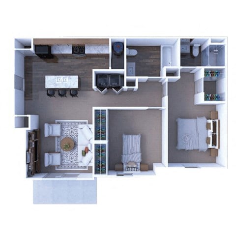 Floor plan for 2 beds, 2 baths, 957 sqft