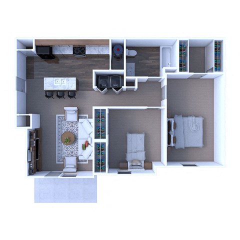 Floor plan for 2 beds, 1 bath, 957 sqft