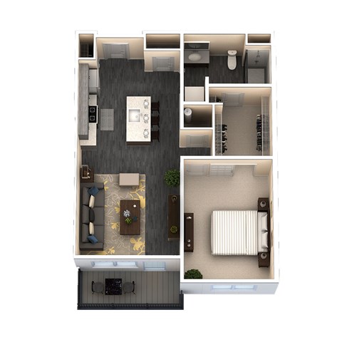 Floor plan for 1 bed, 1 bath, 763 sqft