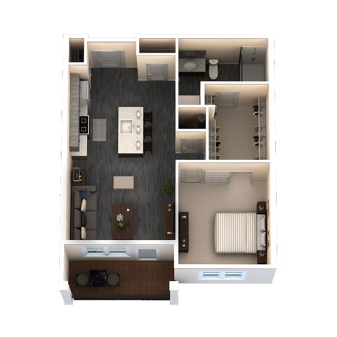Floor plan for 1 bed, 1 bath, 671 sqft