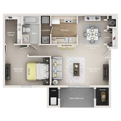 Floor plan for 1 bed, 1 bath, 720 sqft