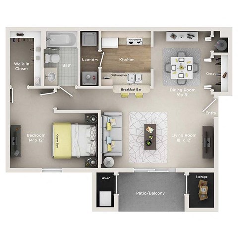Floor plan for 1 bed, 1 bath, 720 sqft