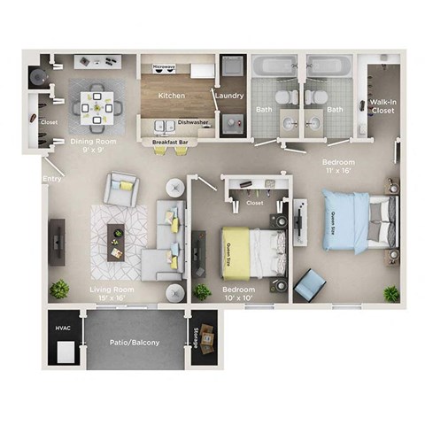 Floor plan for 2 beds, 2 baths, 970 sqft