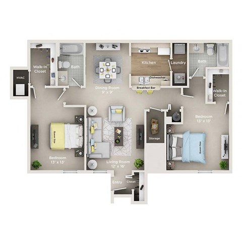 Floor plan for 2 beds, 2 baths, 1030 sqft
