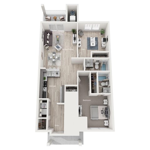 Floor plan for 1 bed, 2 baths, 1074 sqft