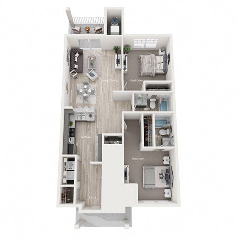 Floor plan for 2 beds, 2 baths, 1074 sqft