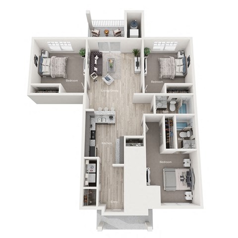 Floor plan for 3 beds, 2 baths, 1277 sqft