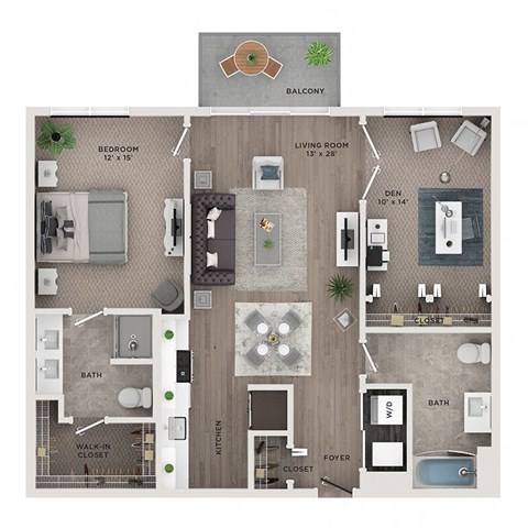 Floor plan for 1 bed, 2 baths, 1020 sqft