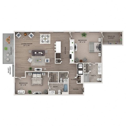 Floor plan for 2 beds, 2.5 baths, 1693 sqft