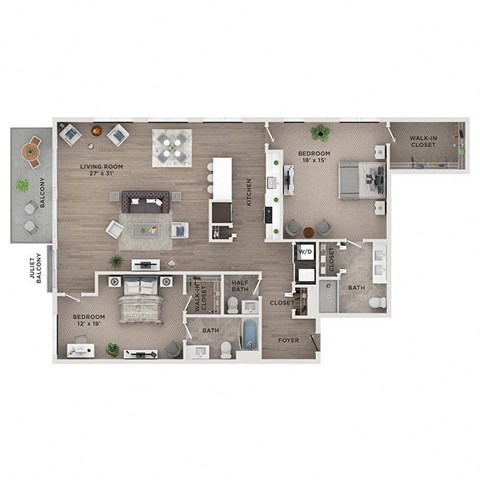 Floor plan for 2 beds, 2.5 baths, 1786 sqft