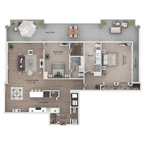 Floor plan for 2 beds, 2.5 baths, 1790 sqft