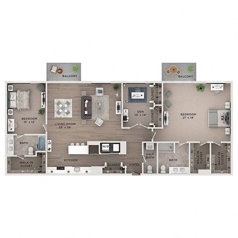 Floor plan for 2 beds, 2.5 baths, 2032 sqft