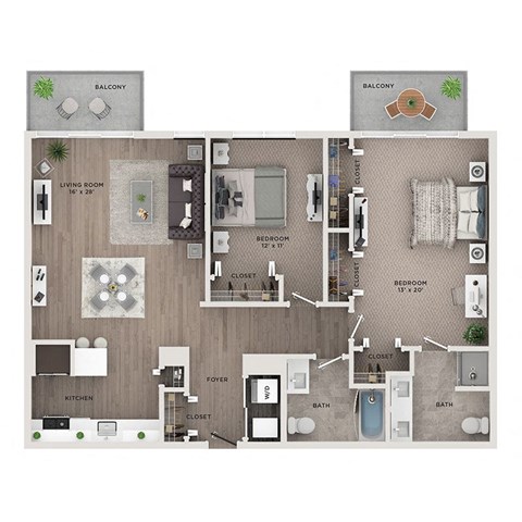 Floor plan for 2 beds, 2 baths, 1256 sqft