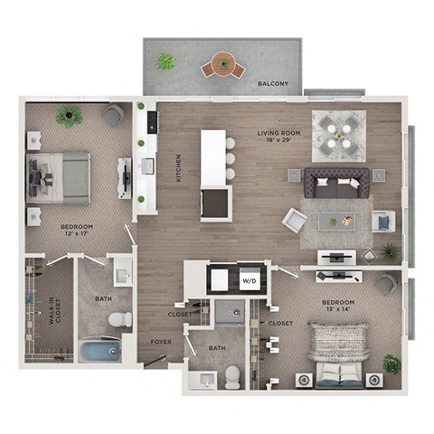 Floor plan for 2 beds, 2 baths, 1267 sqft