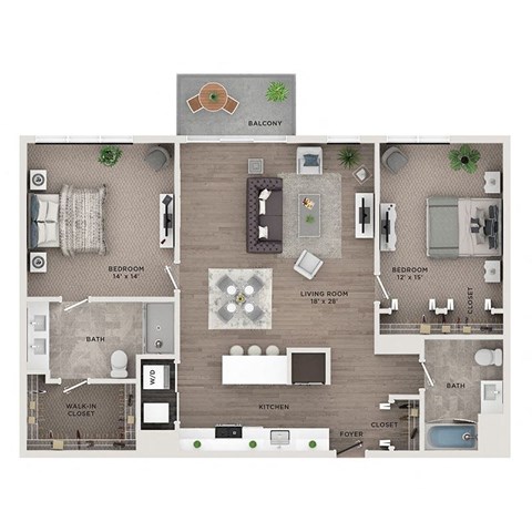 Floor plan for 2 beds, 2 baths, 1289 sqft