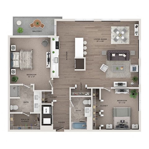Floor plan for 2 beds, 2 baths, 1308 sqft