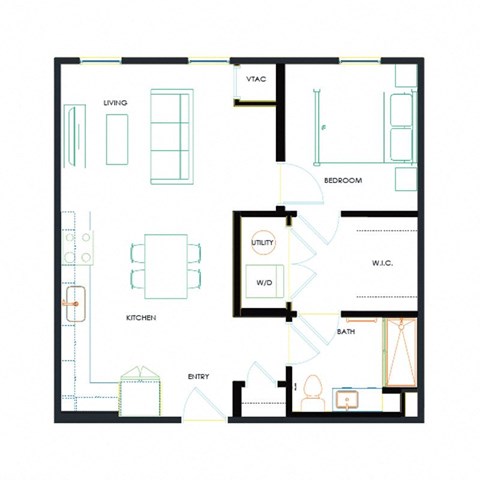 Floor plan for 1 bed, 1 bath, 631 sqft