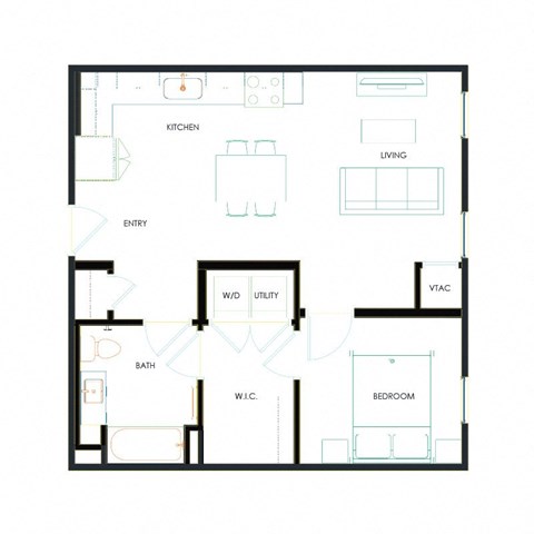 Floor plan for 1 bed, 1 bath, 631 sqft