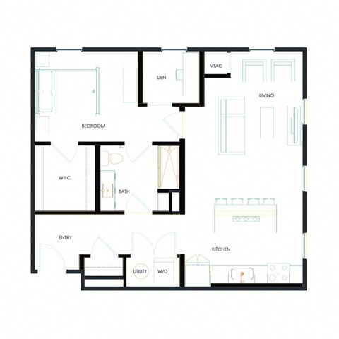 Floor plan for 1 bed, 1 bath, 812 sqft