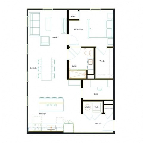 Floor plan for 1 bed, 1 bath, 864 sqft