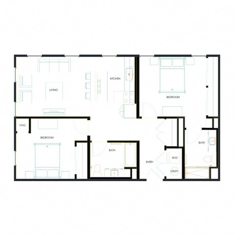 Floor plan for 2 beds, 2 baths, 1034 sqft