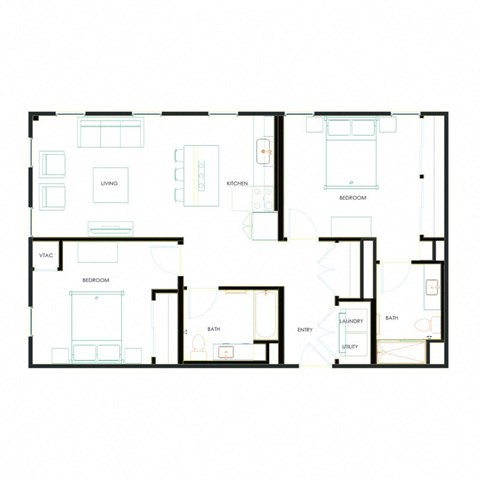 Floor plan for 2 beds, 2 baths, 1034 sqft