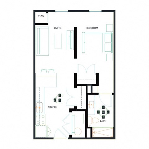 Floor plan for studio, 1 bath, 532 sqft