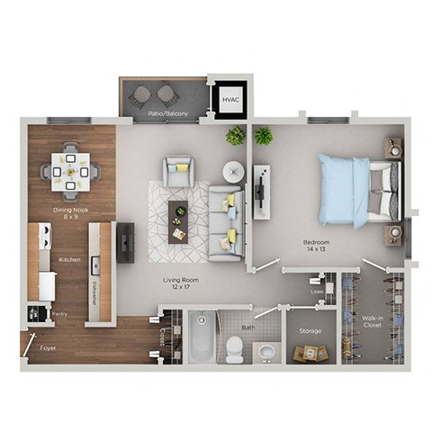 Floor plan for 1 bed, 1 bath, 750 sqft