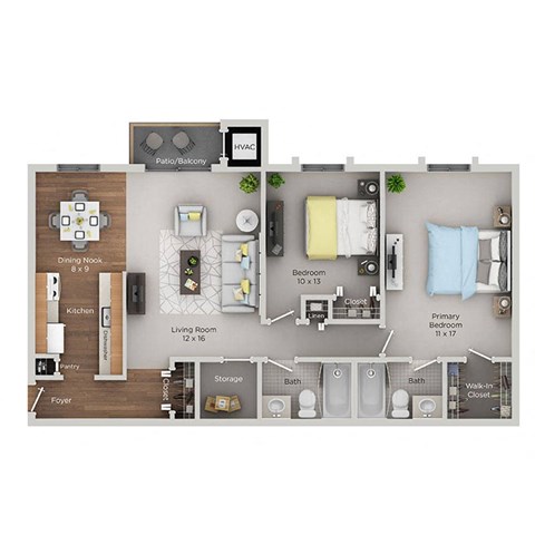 Floor plan for 2 beds, 2 baths, 900 sqft