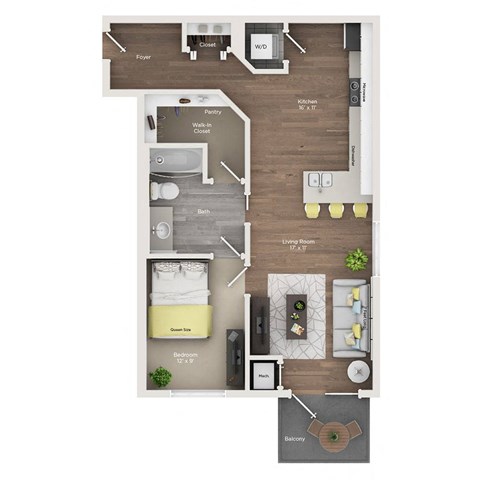 Floor plan for 1 bed, 1 bath, 737 sqft