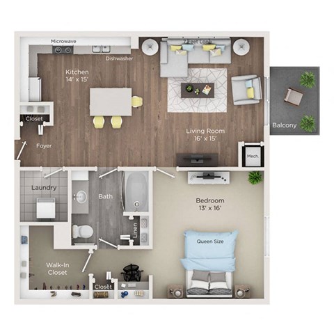 Floor plan for 1 bed, 1 bath, 950 sqft