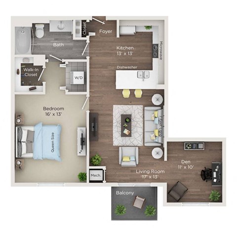 Floor plan for 1 bed, 1 bath, 938 sqft