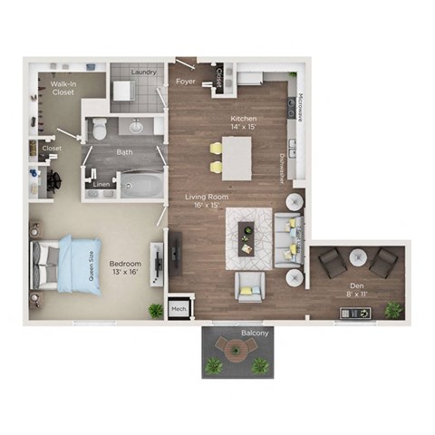 Floor plan for 1 bed, 1 bath, 1052 sqft