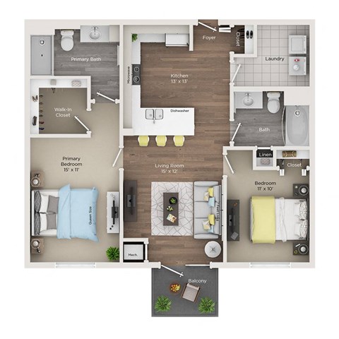 Floor plan for 2 beds, 2 baths, 1035 sqft