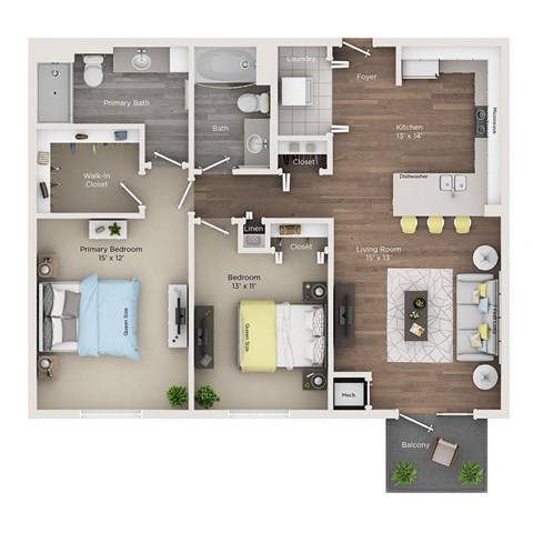 Floor plan for 2 beds, 2 baths, 1125 sqft