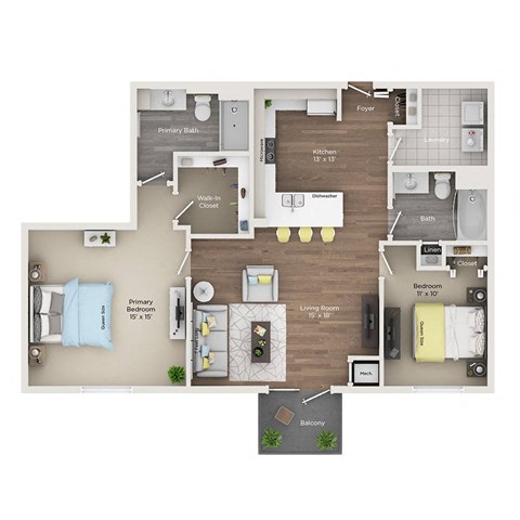 Floor plan for 2 beds, 2 baths, 1207 sqft