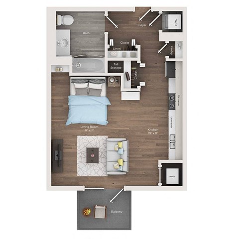 Floor plan for studio, 1 bath, 590 sqft