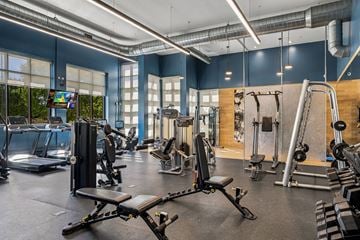 Aurora apartment for rent - A gym with a variety of equipment including treadmills, weights, and exercise machines.