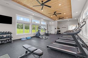 Victoria apartment for rent - A spacious home gym with treadmills, a bench press, and a television.