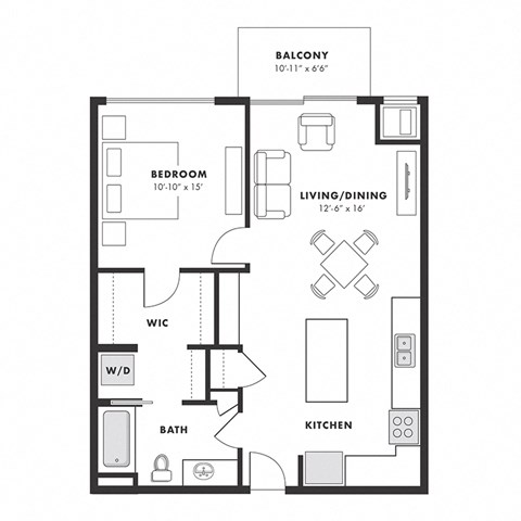 Floor plan for 1 bed, 1 bath, 725 sqft