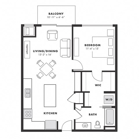 Floor plan for 1 bed, 1 bath, 691 sqft