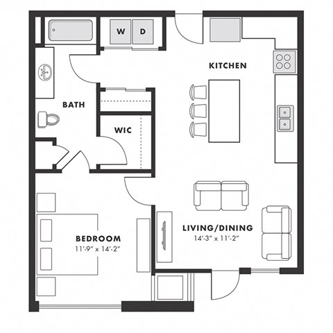 Floor plan for 1 bed, 1 bath, 734 sqft