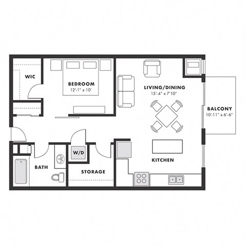 Floor plan for 1 bed, 1 bath, 735 sqft