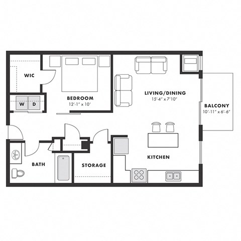 Floor plan for 1 bed, 1 bath, 735 sqft
