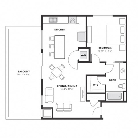 Floor plan for 1 bed, 1 bath, 823 sqft