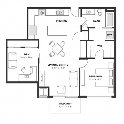 Floor plan for 1 bed, 1 bath, 901 sqft