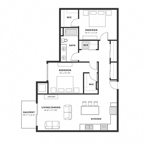 Floor plan for 2 beds, 1 bath, 1072 sqft