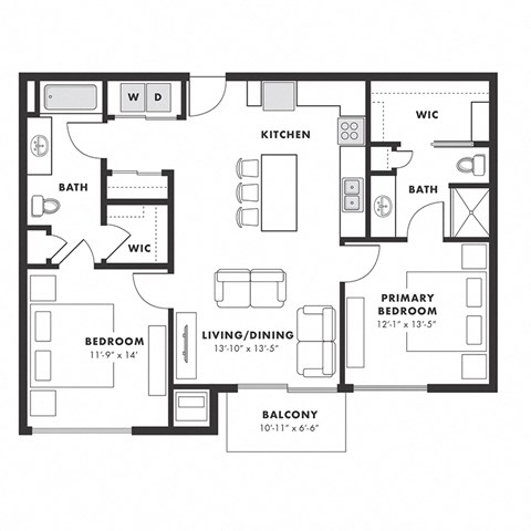 Floor plan for 2 beds, 2 baths, 1039 sqft