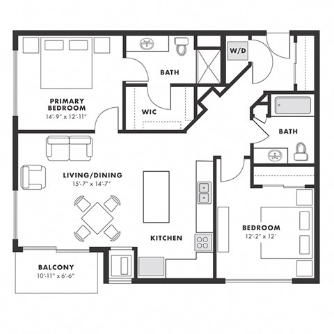 Floor plan for 2 beds, 2 baths, 1051 sqft