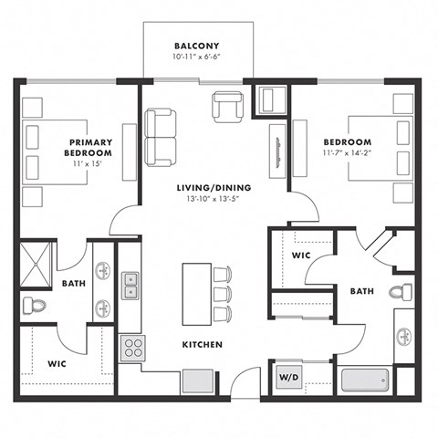 Floor plan for 2 beds, 2 baths, 1065 sqft